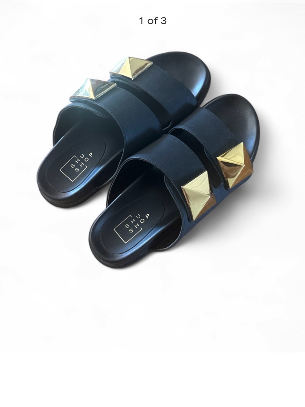 ShuShop Black Slide Sandals with Gold Pyramid Studs